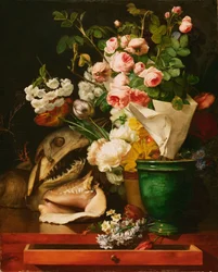 Naturaleza muerta con flores, conchas, cabeza de tiburón y petrificaciones